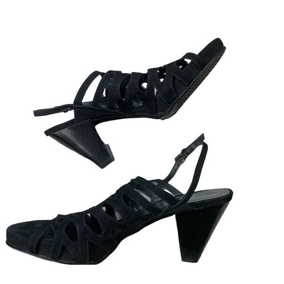 Stuart Weitzman Rollover Black Nubuck Sandals Suede Leather Strappy Heels 7 - Picture 5 of 10